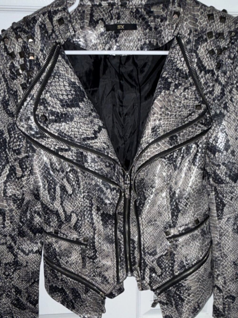 SX Snake Pattern Studded Zip Biker Jacket Women’s Short Collared Long Sleeve